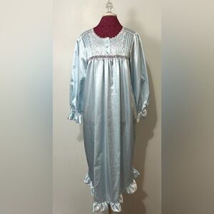 Partners Intimates Nightgown Medium‎ Baby Blue Satin Lace Ruffled Granny Cottage